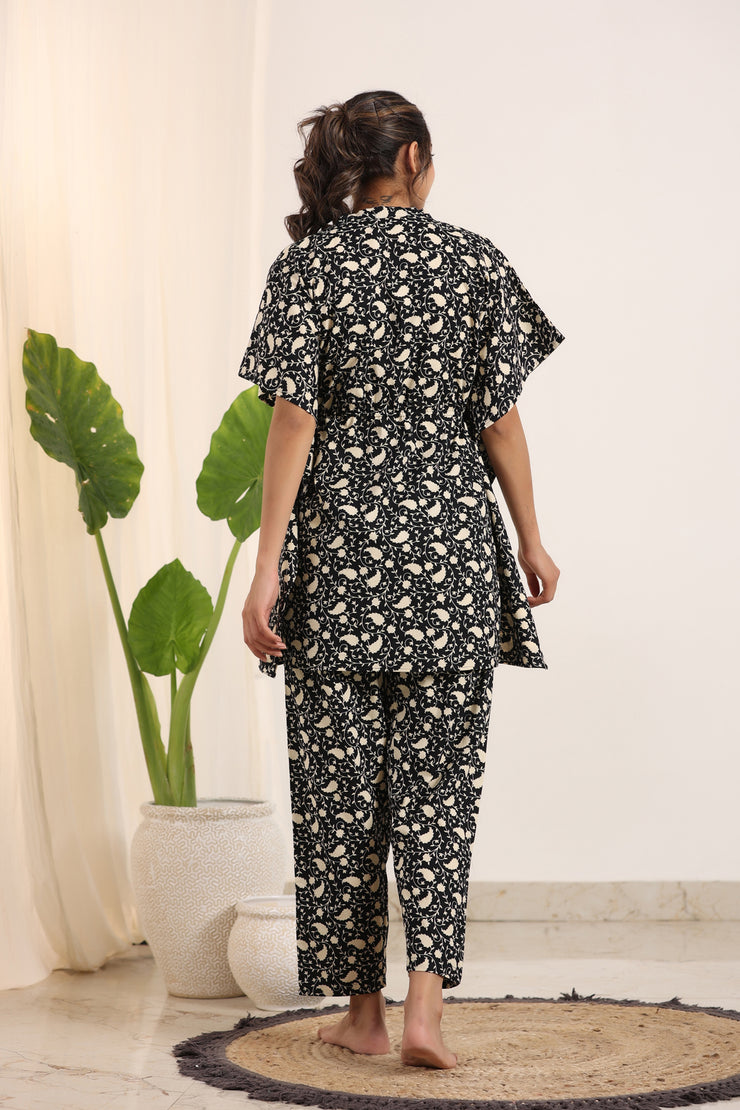 Black Cotton Printed Kaftan and Pajama Set