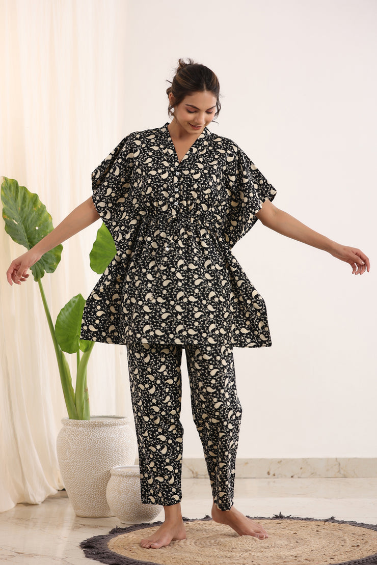 Black Cotton Printed Kaftan and Pajama Set