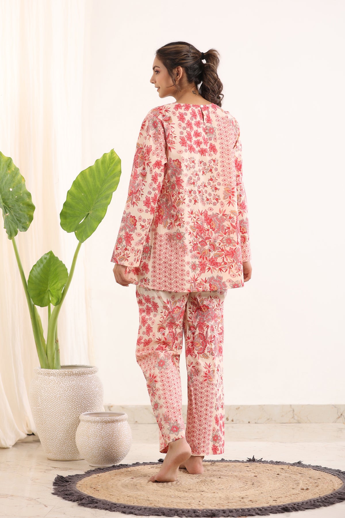 Pink & White Loose Fit Printed Night Suit