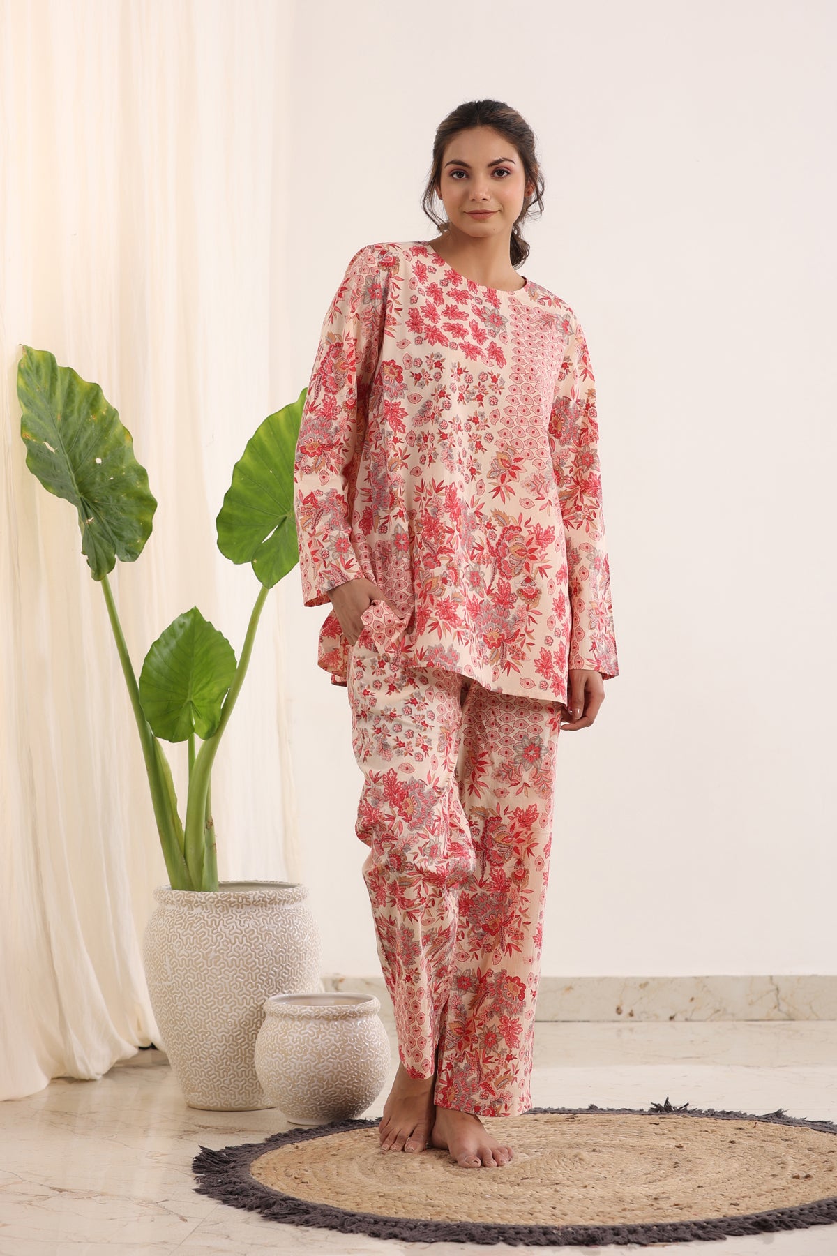 Pink & White Loose Fit Printed Night Suit