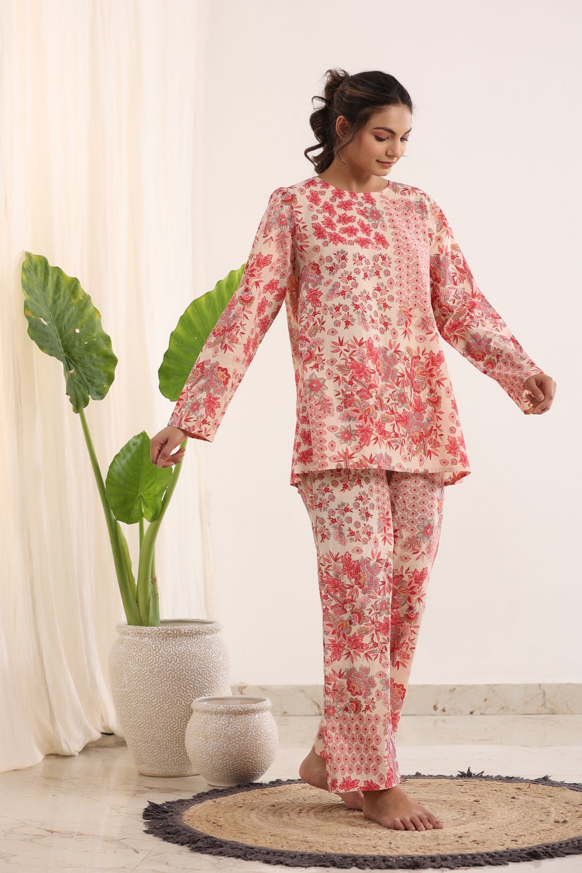 Pink & White Loose Fit Printed Night Suit