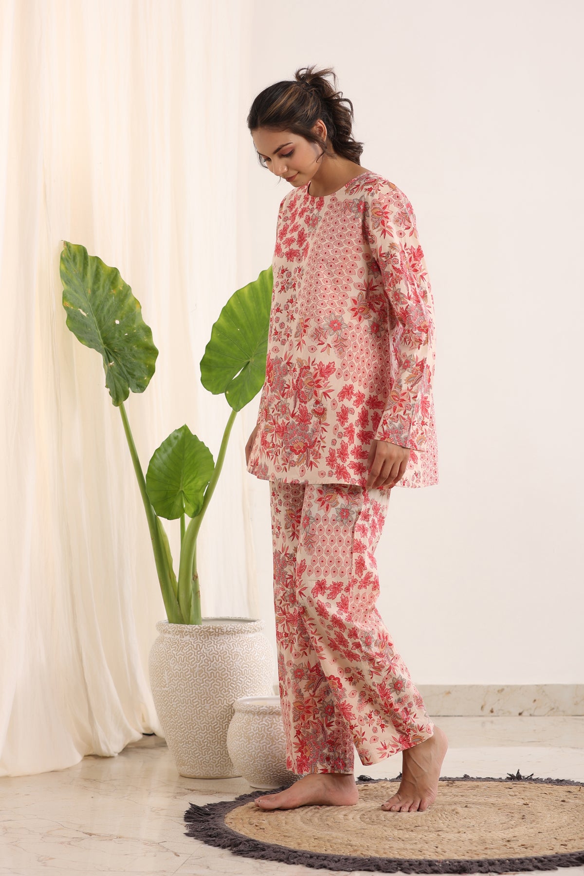 Pink & White Loose Fit Printed Night Suit