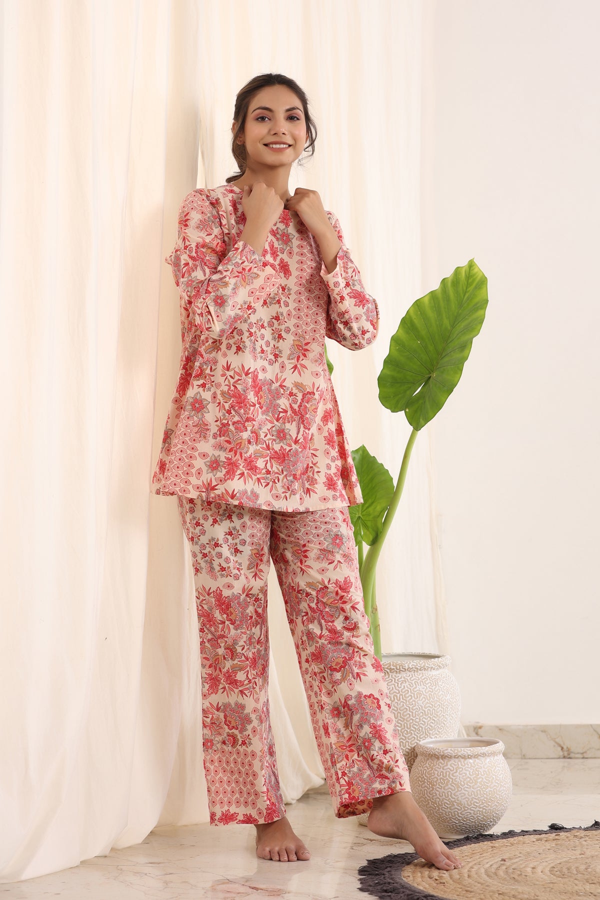 Pink & White Loose Fit Printed Night Suit