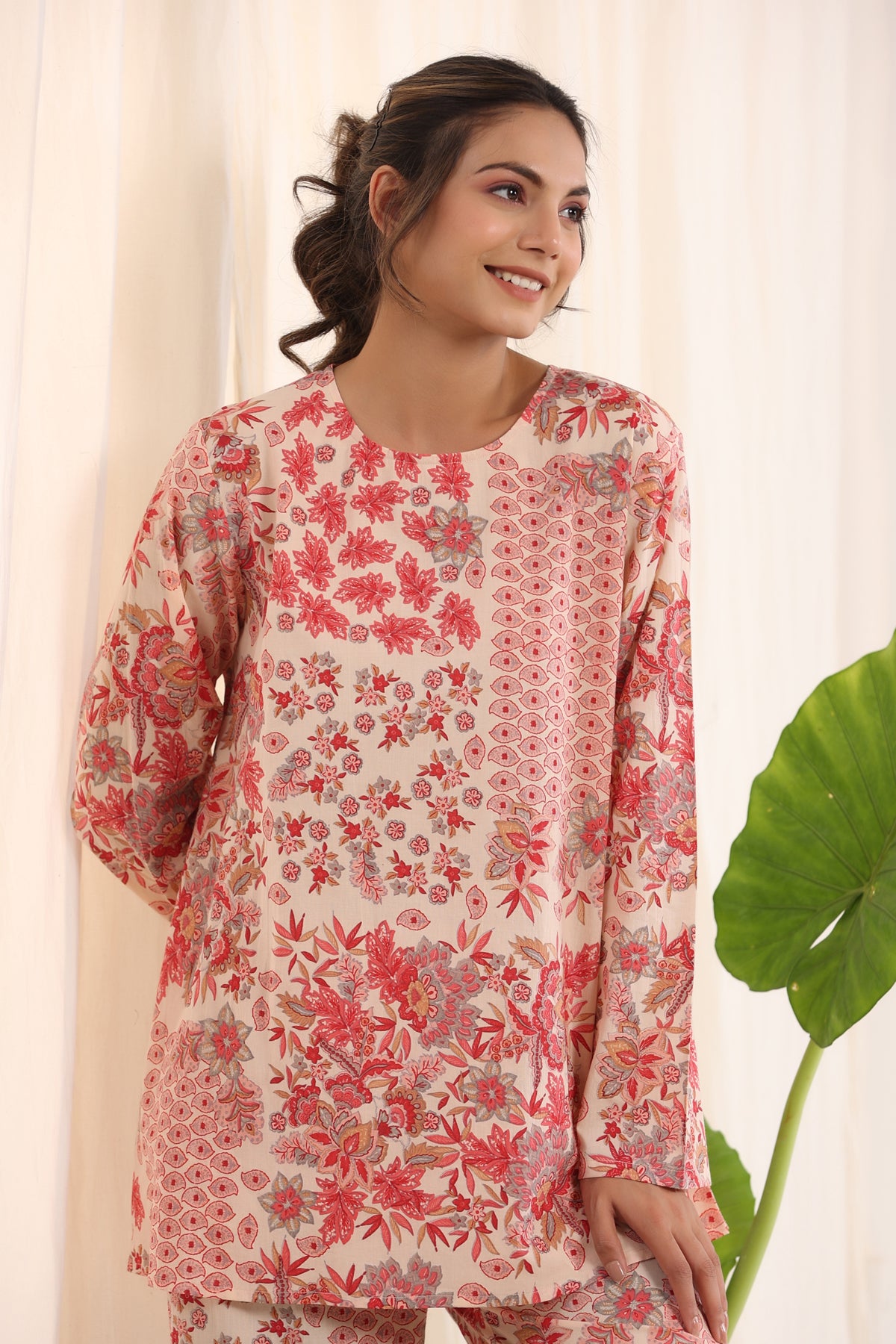 Pink & White Loose Fit Printed Night Suit