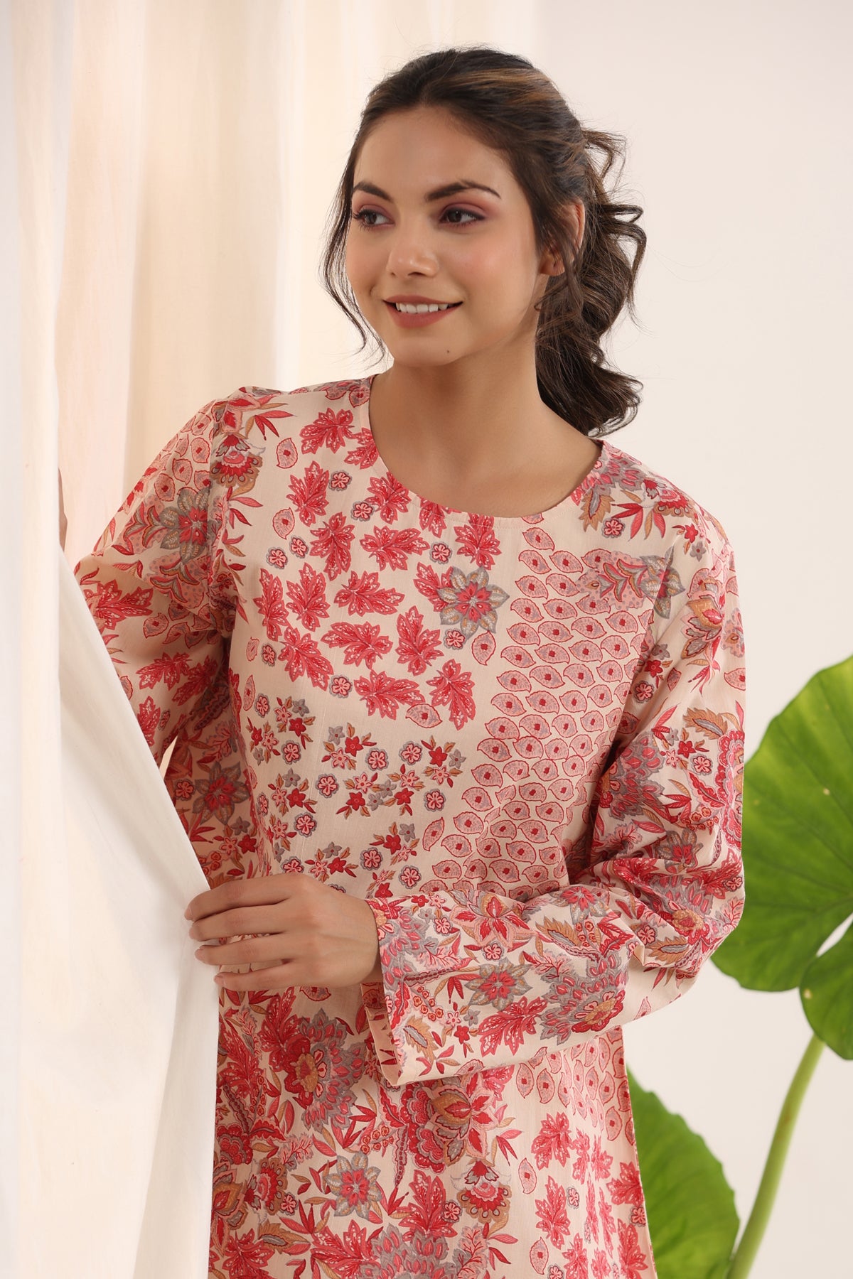 Pink & White Loose Fit Printed Night Suit