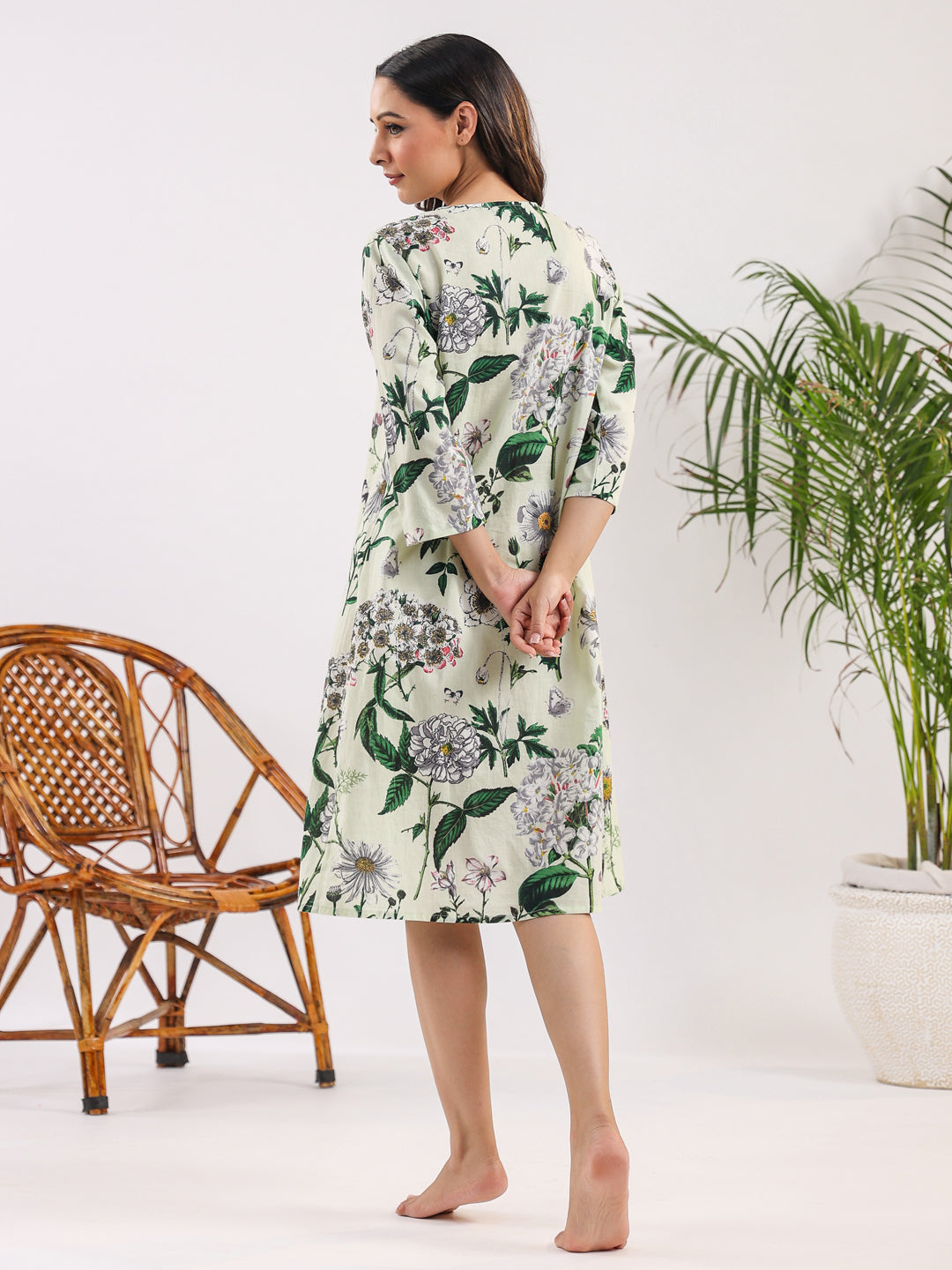 Sea Green Pure Cotton Floral Printed V-Neck Night Dress