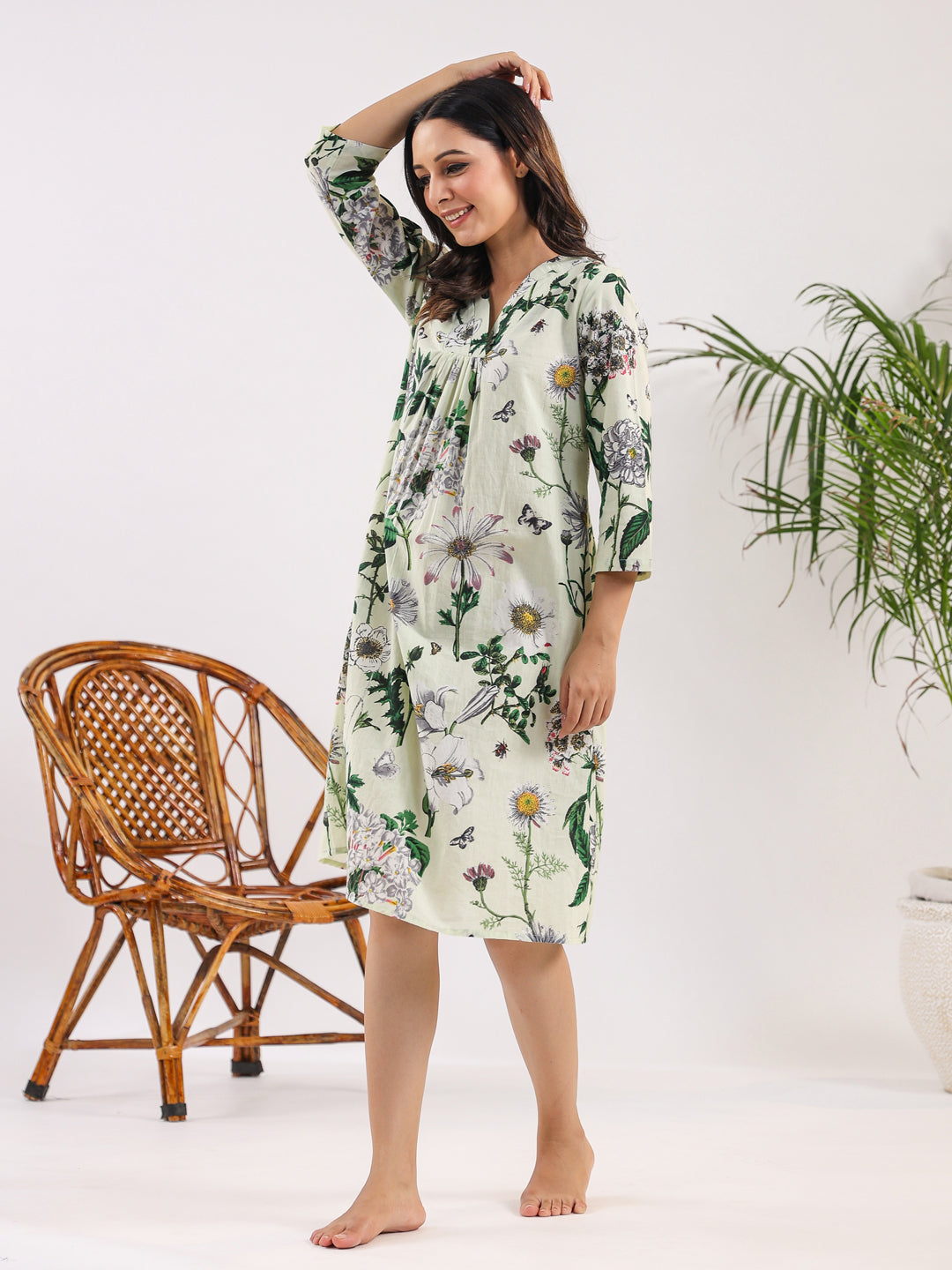 Sea Green Pure Cotton Floral Printed V-Neck Night Dress