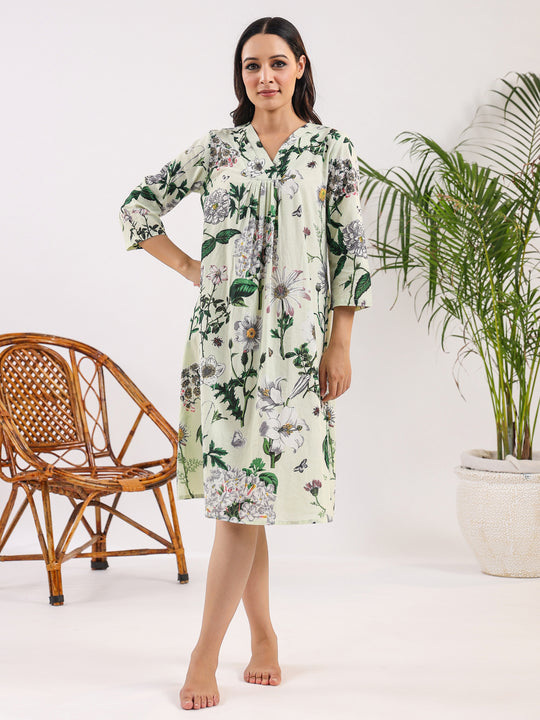 Sea Green Pure Cotton Floral Printed V-Neck Night Dress