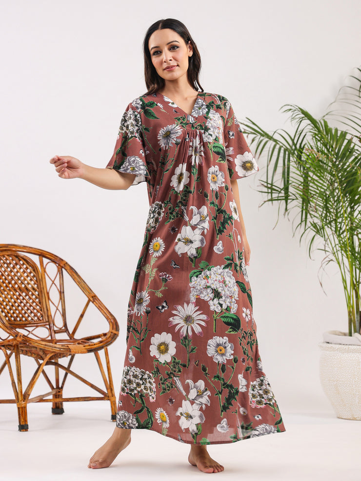 Brown flora Cotton Night Dress