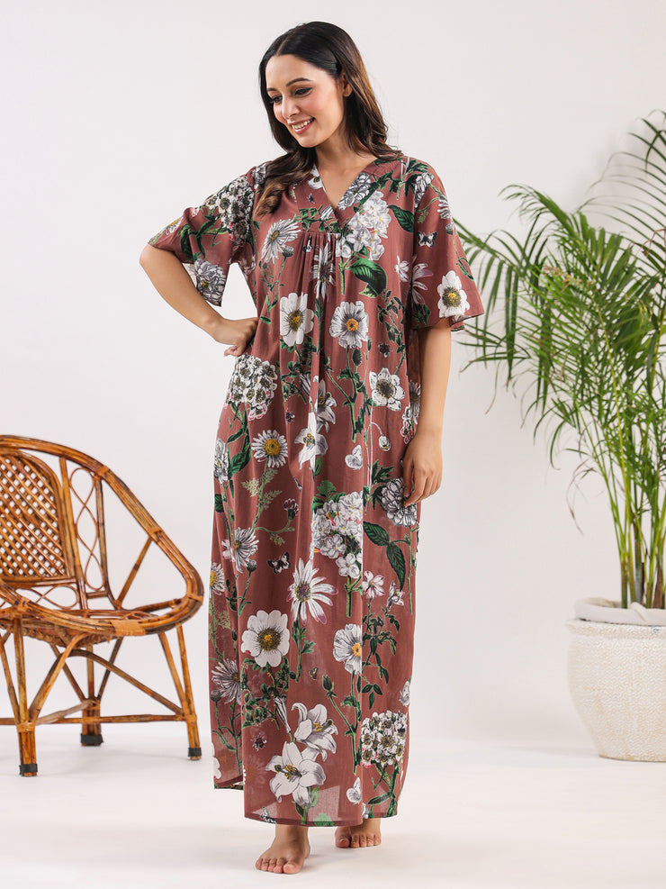 Brown flora Cotton Night Dress