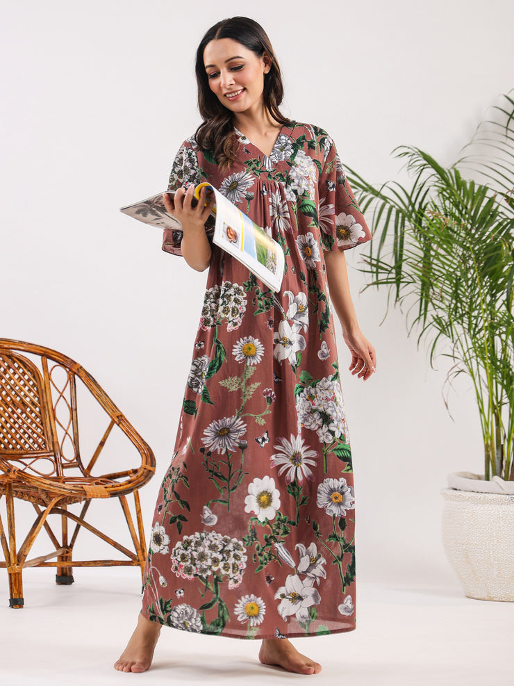 Brown flora Cotton Night Dress