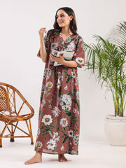 Brown flora Cotton Night Dress