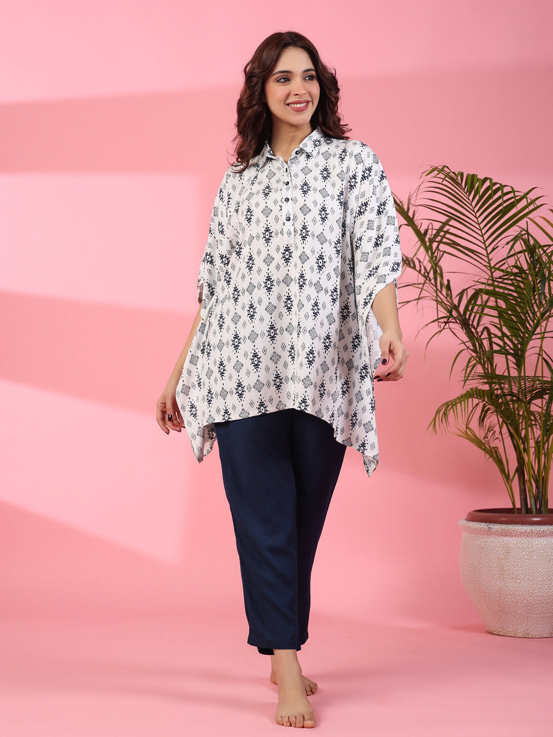 White Floral Printed Kaftan Set