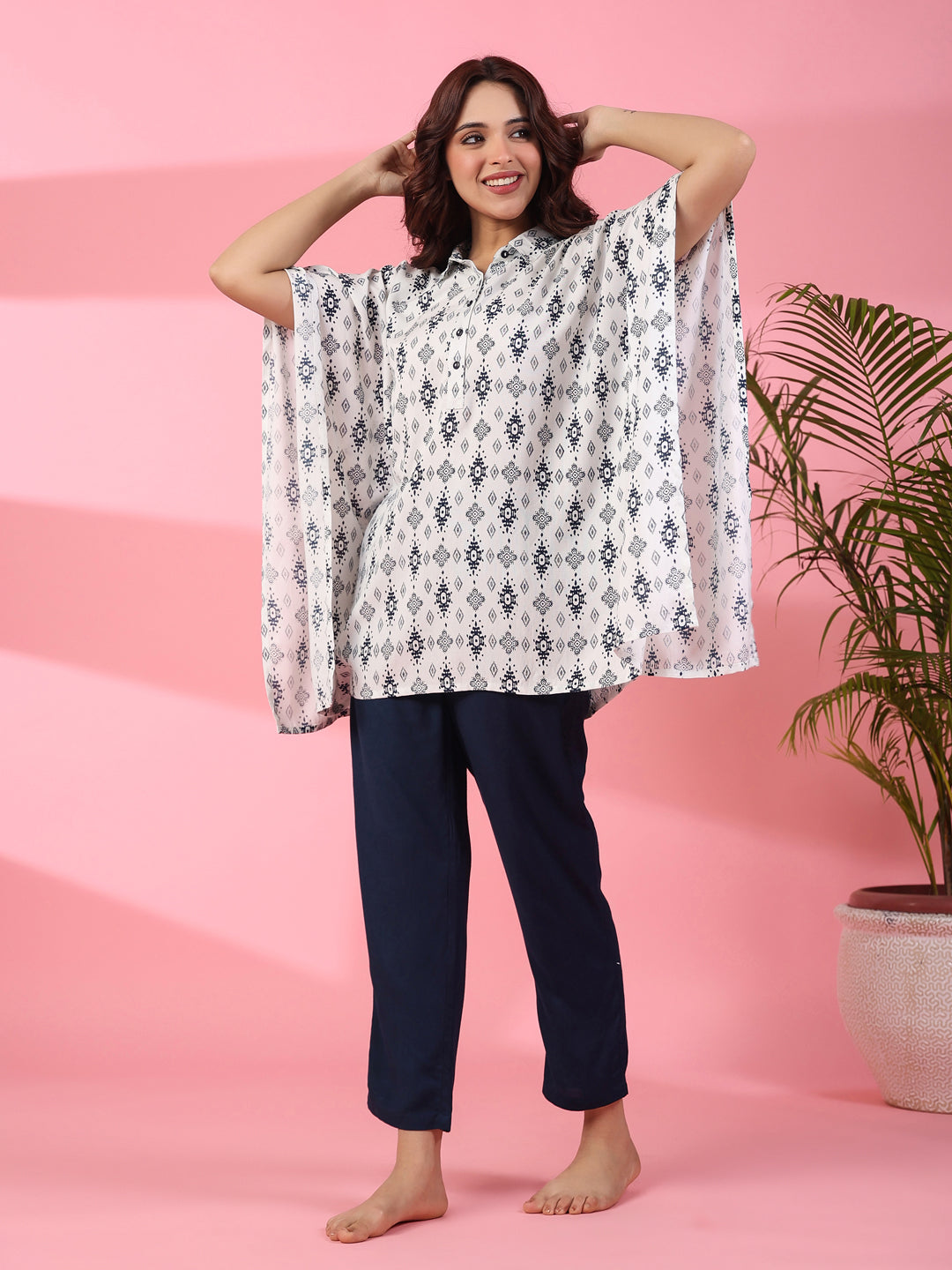 White Floral Printed Kaftan Set