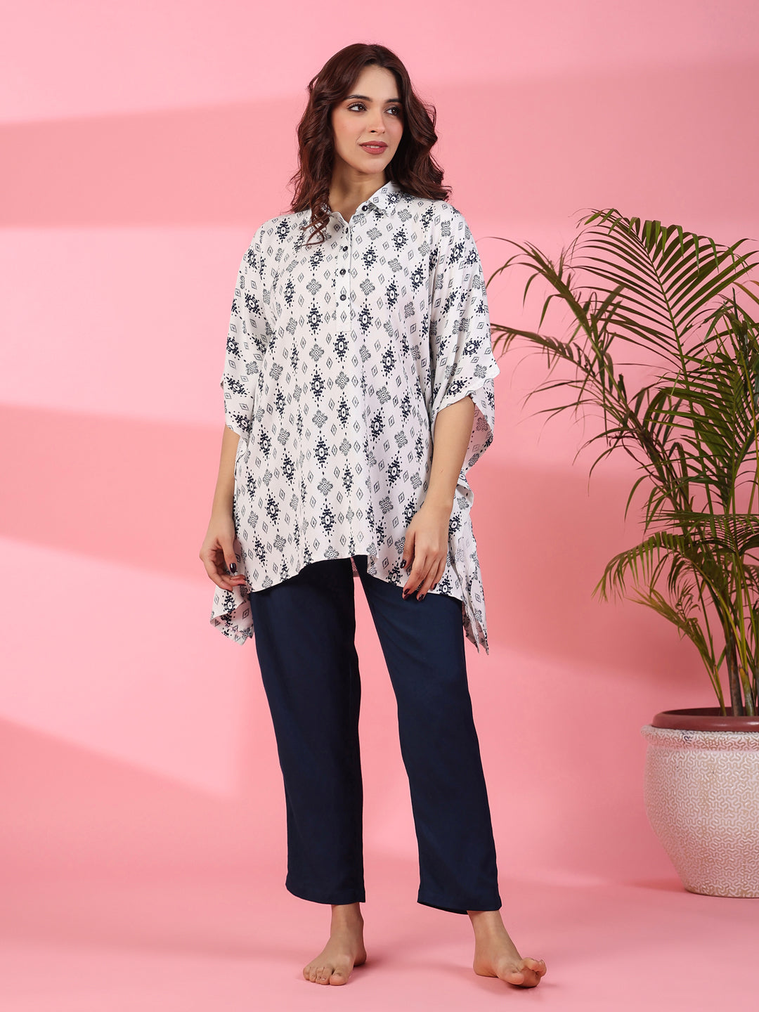 White Floral Printed Kaftan Set