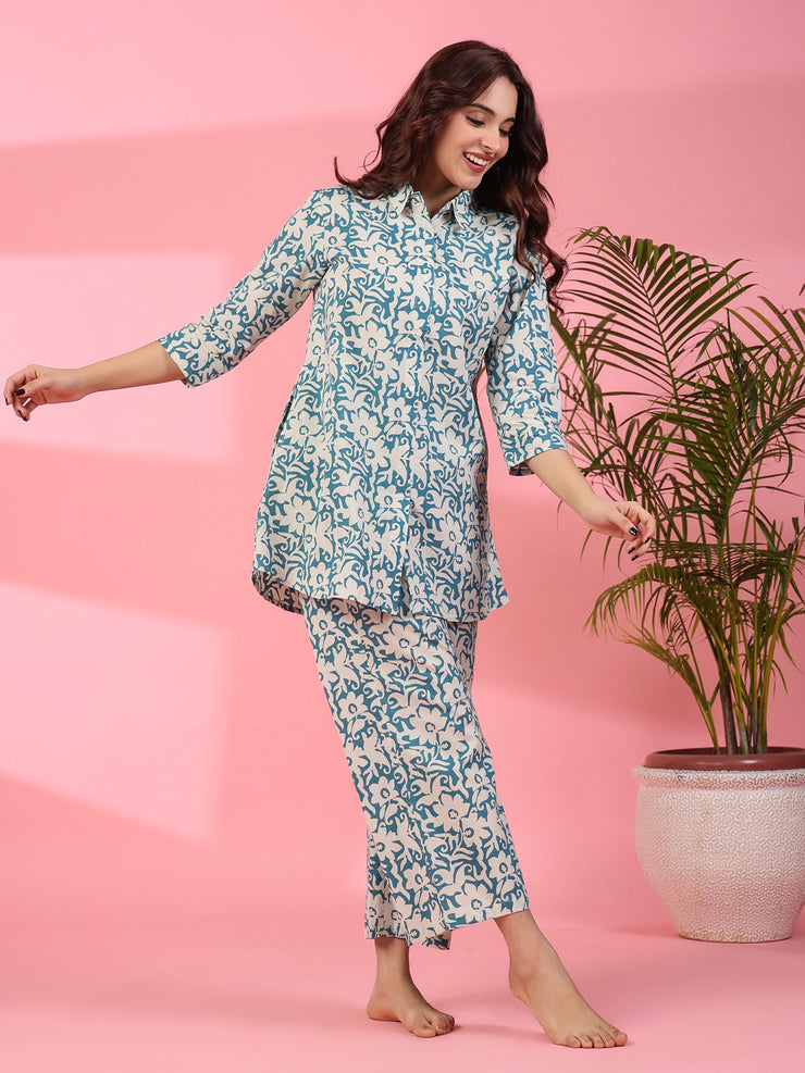 Women's Cotton Nightsuit - Leopard Blue – S & F Online Store