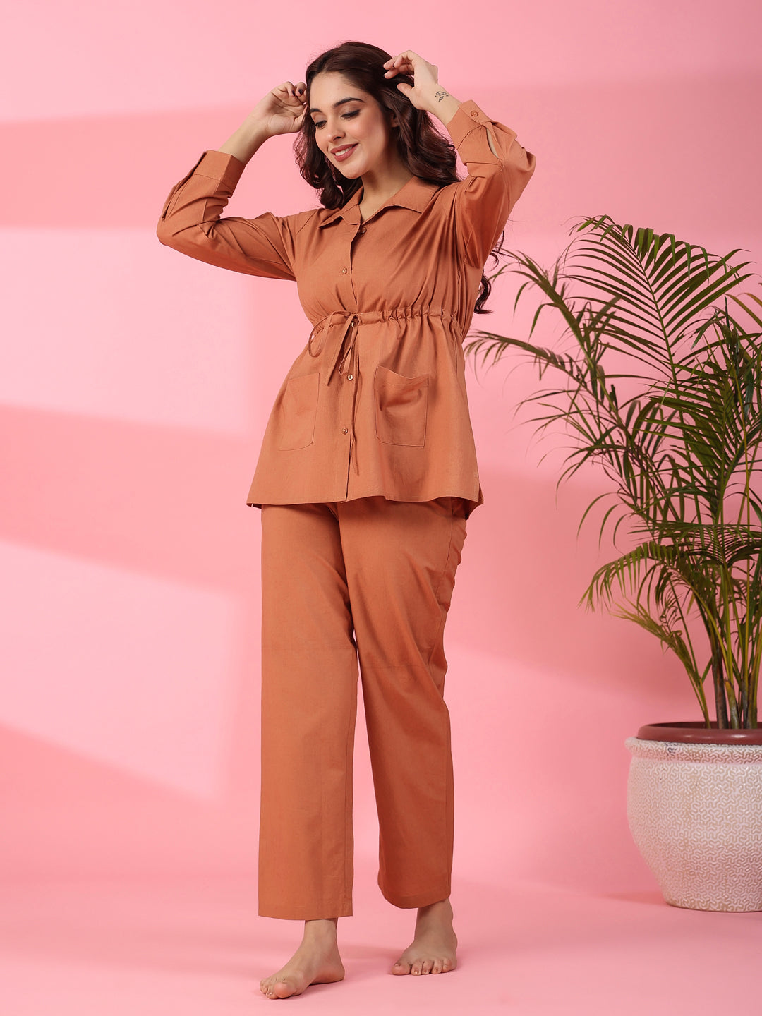 RUST BROWN 2 Pcs  COTTON Night Suit