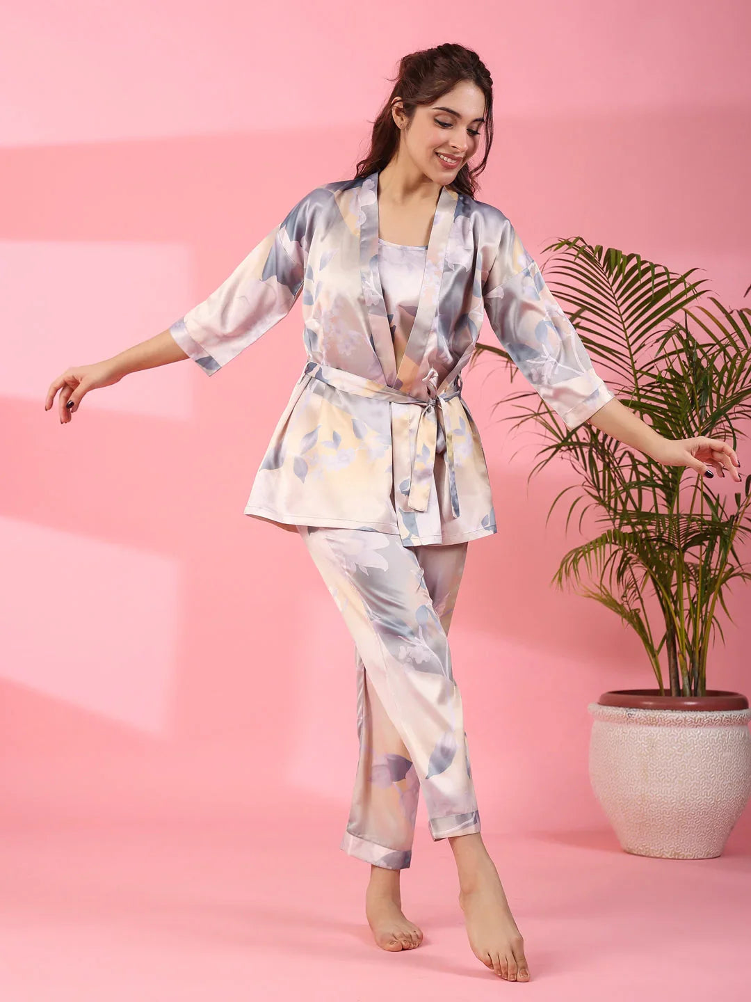 3Pcs Women Poly Satin Night Suit - SanskrutiHomes 