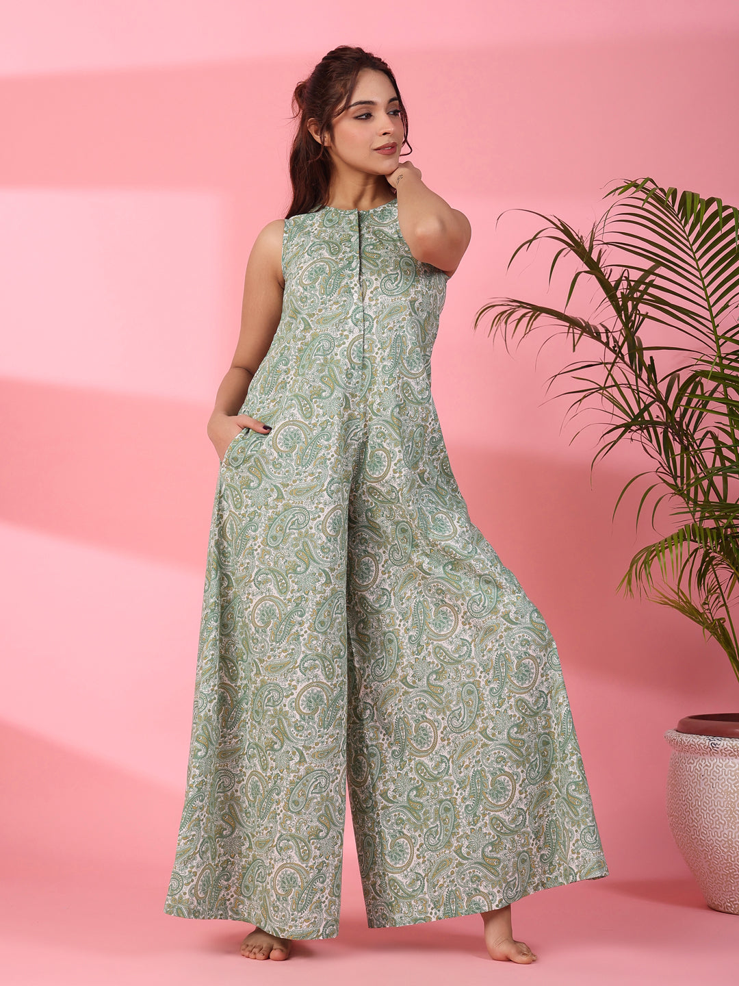 Printed sleeveless cotton Jumpsuit - SanskrutiHomes 