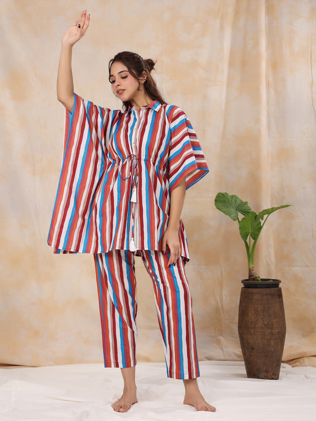 Red stripes Kaftan sleep  Set
