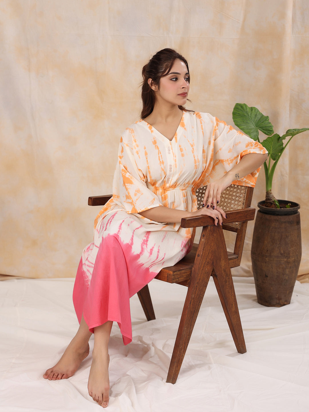 Pink Printed Kaftan Loungewear - SanskrutiHomes 