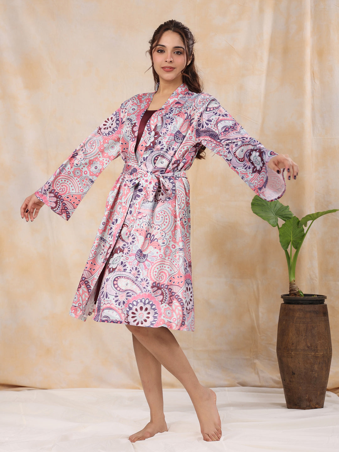 Dusty Pink Satin Night Dress - SanskrutiHomes 