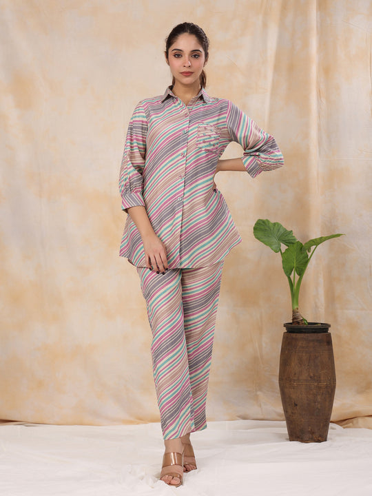 Strips Printed Shirt Collar Kurta Set