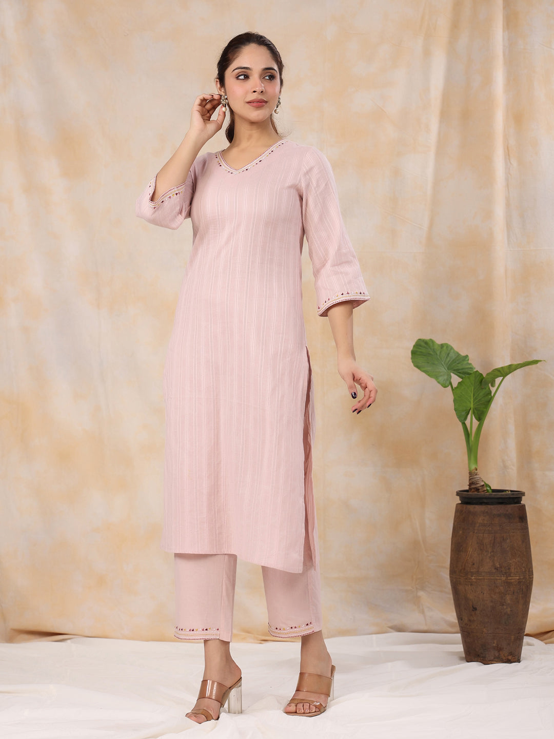 Women' s Woven Design Solid Pure Cotton Straight Kurta with Trousers