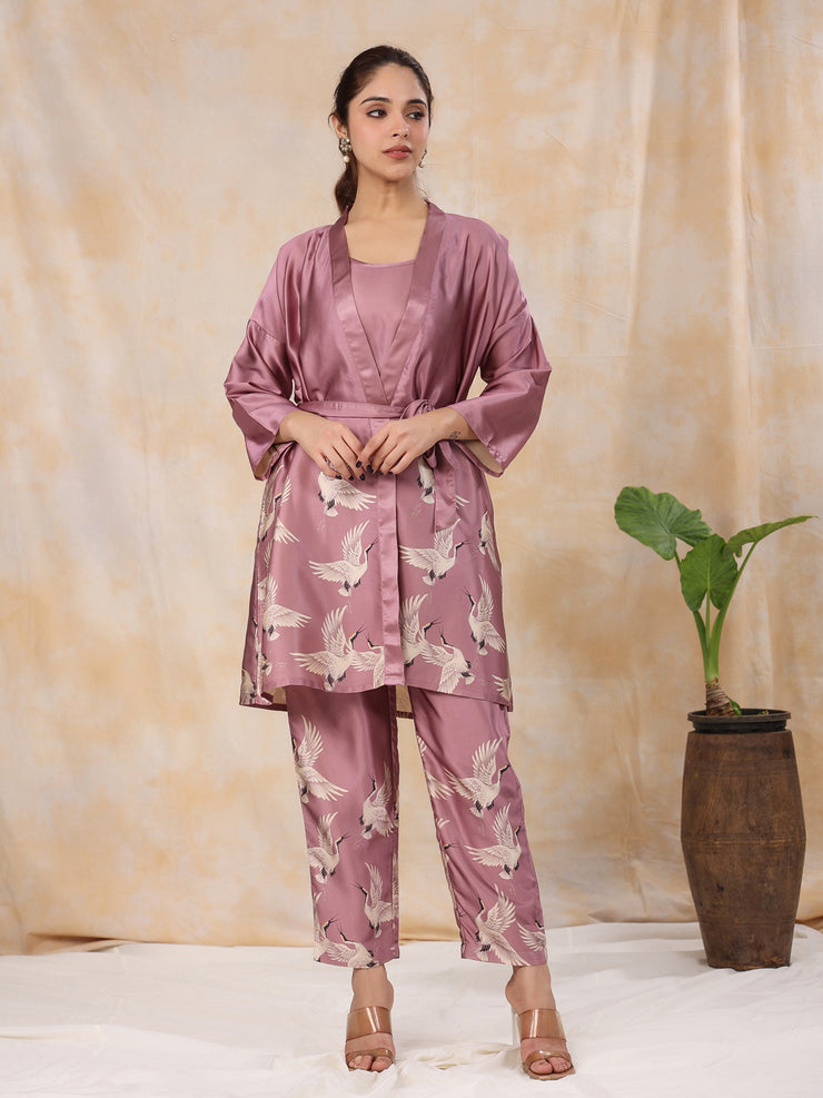 SUGAR PLUM 4 PC SATIN Night Suit Set with Pyjama and shorts