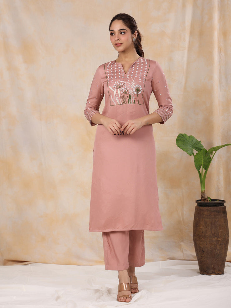 Women' s Floral Embroidered Satin Straight Kurta with Trouser & Dupatta Set