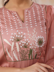 Women' s Floral Embroidered Satin Straight Kurta with Trouser & Dupatta Set