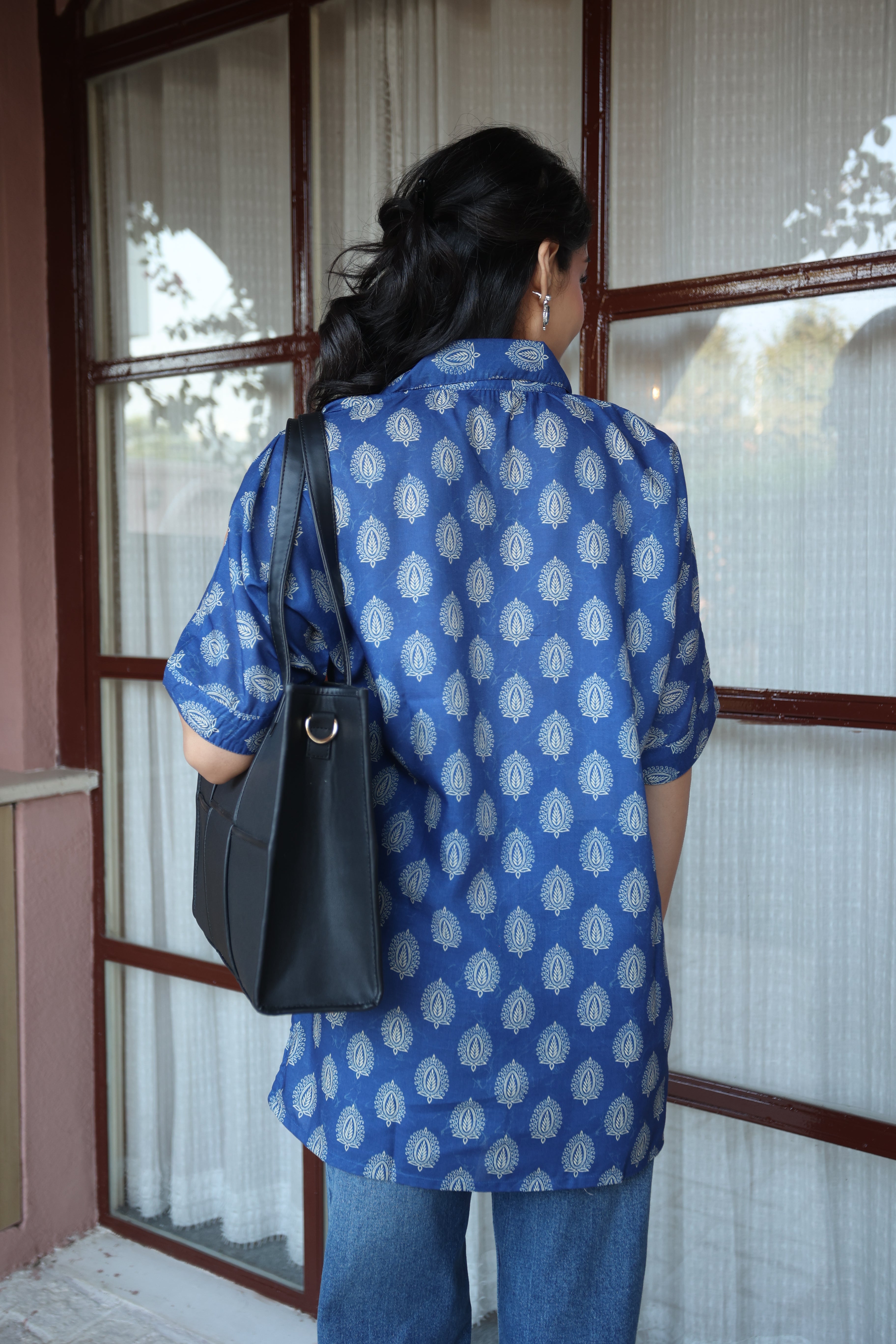 Blue Floral Print Cotton Shirt Collar Top for Women