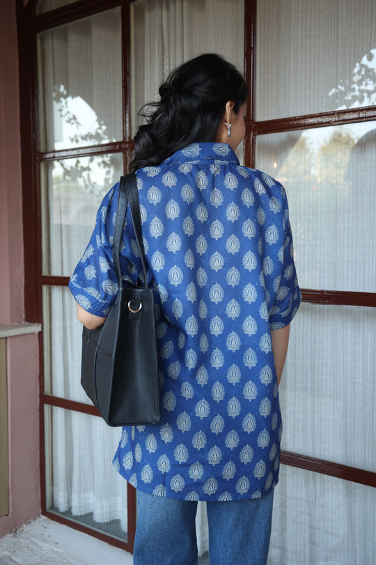 Blue Floral Print Cotton Shirt Collar Top for Women