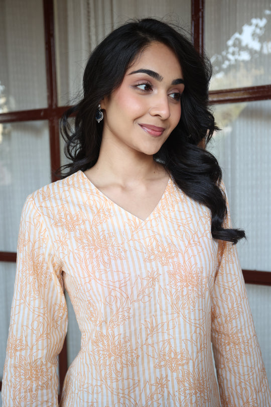 Orange Floral Print Cotton V-Neck Top for Women