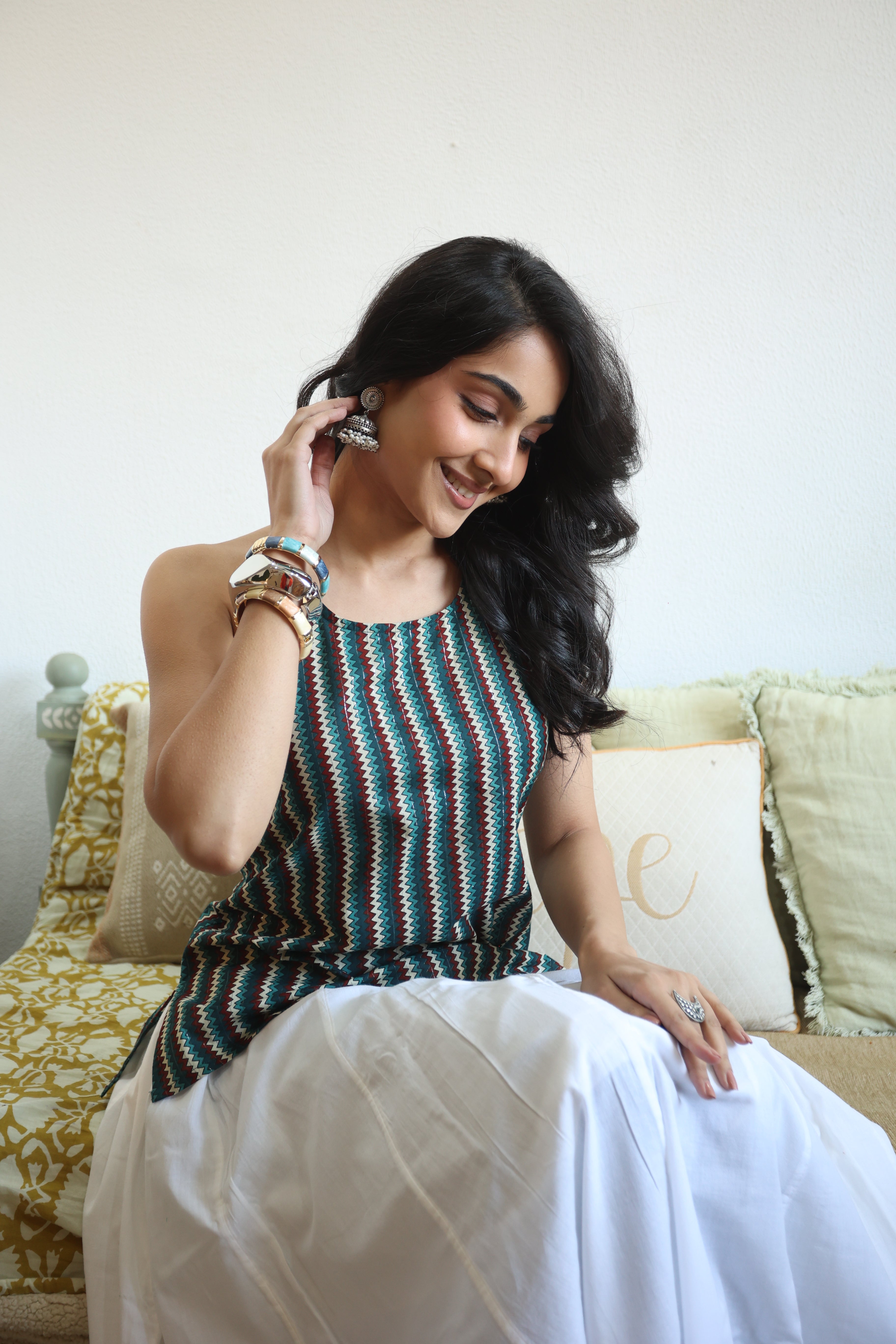 Multi Geometric Print Cotton Round Neck Top for Women