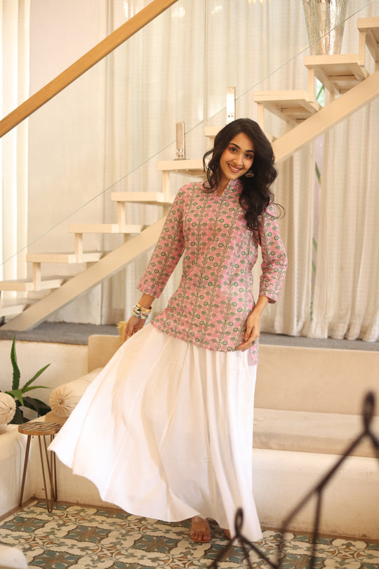 Pink Floral Print Cotton Mandarin Collar Top for Women