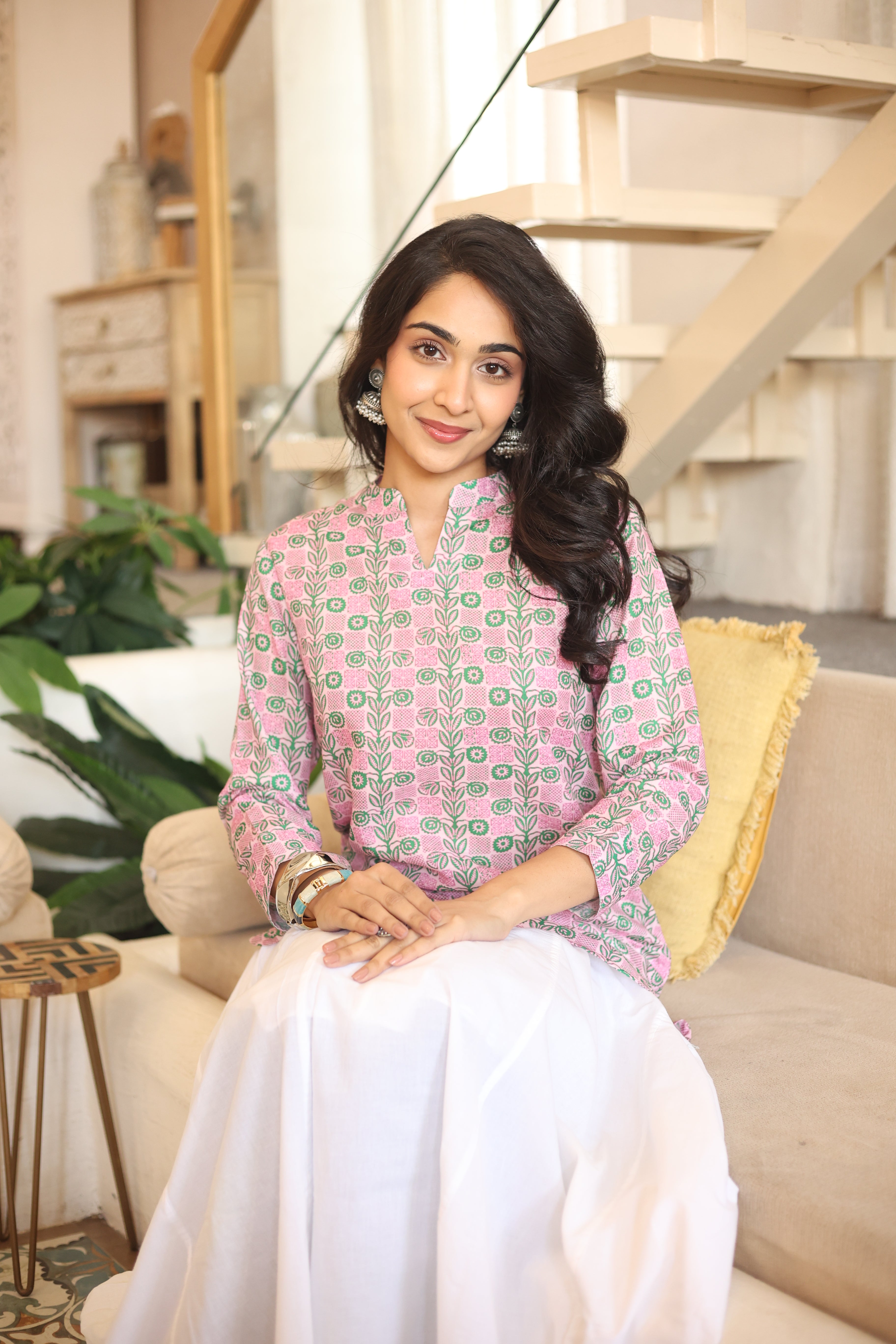 Pink Floral Print Cotton Mandarin Collar Top for Women