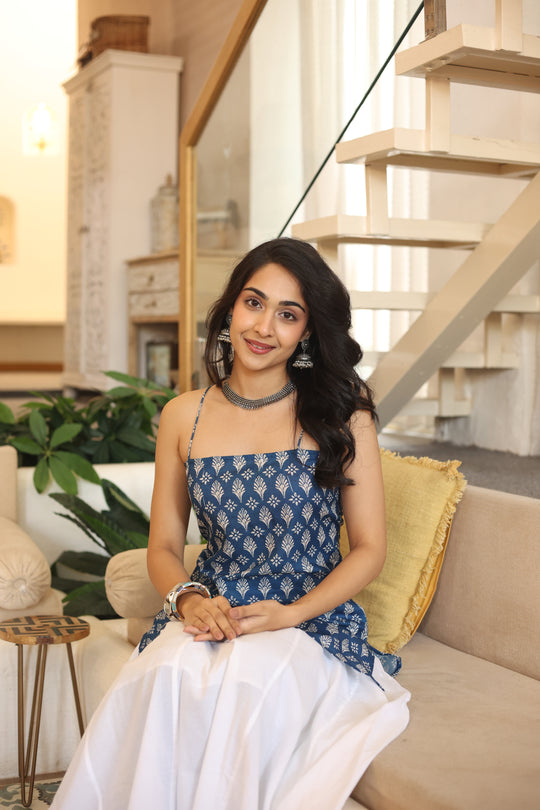 Blue Floral Print Cotton Square Neck Top for Women