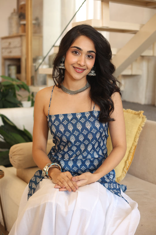 Blue Floral Print Cotton Square Neck Top for Women