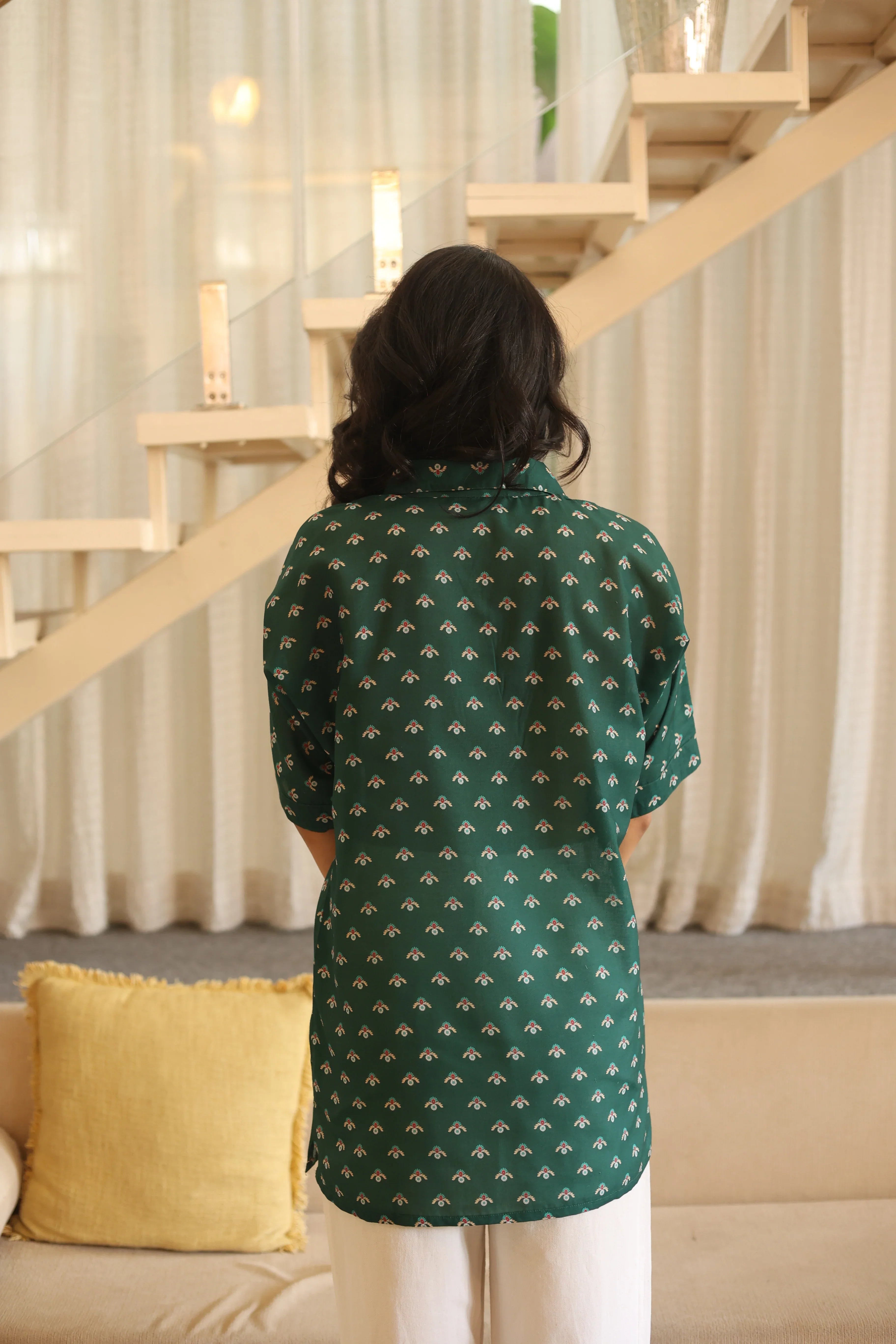 Green Floral Print Cotton Shirt Collar Top for Women - SanskrutiHomes 