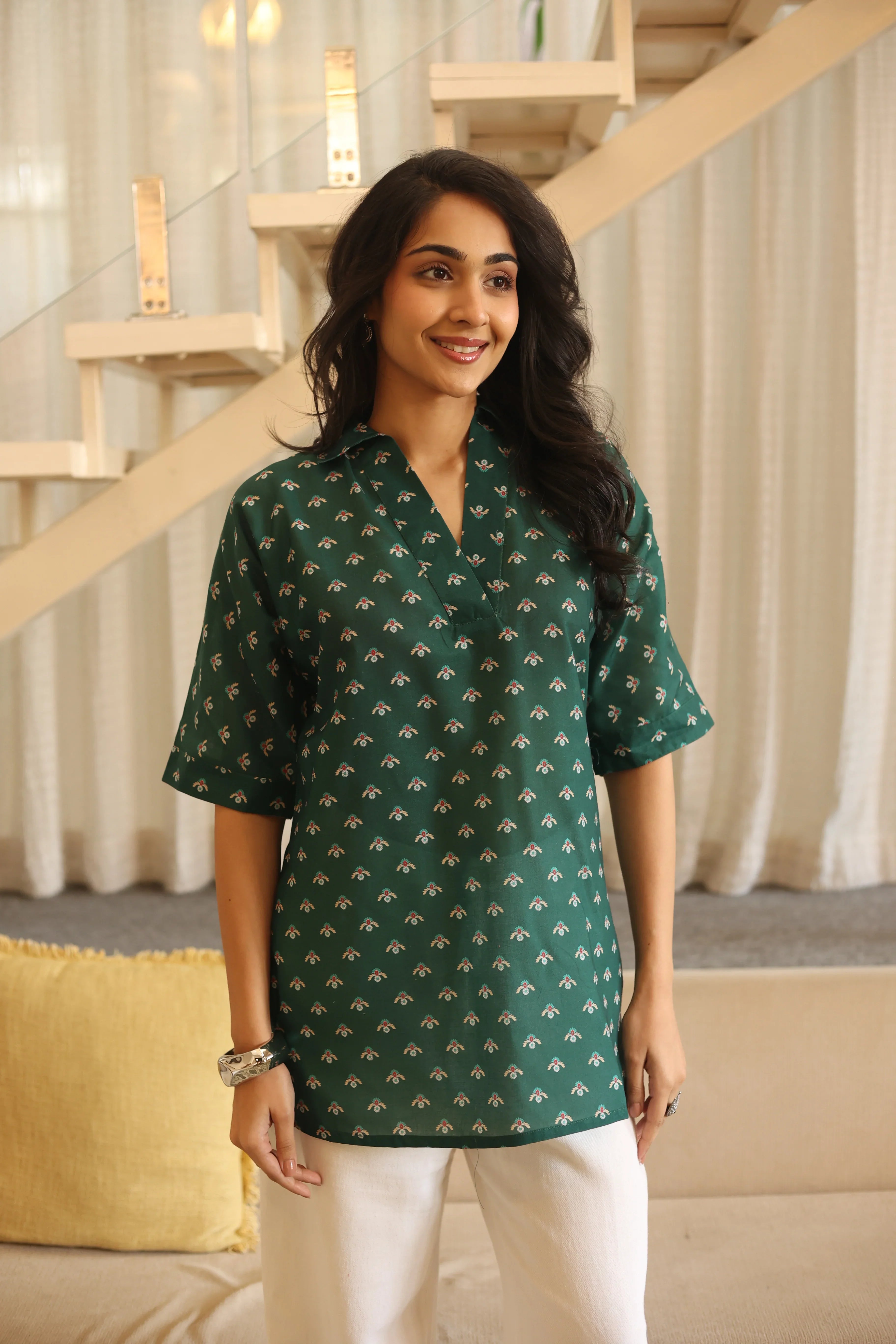 Green Floral Print Cotton Shirt Collar Top for Women - SanskrutiHomes 