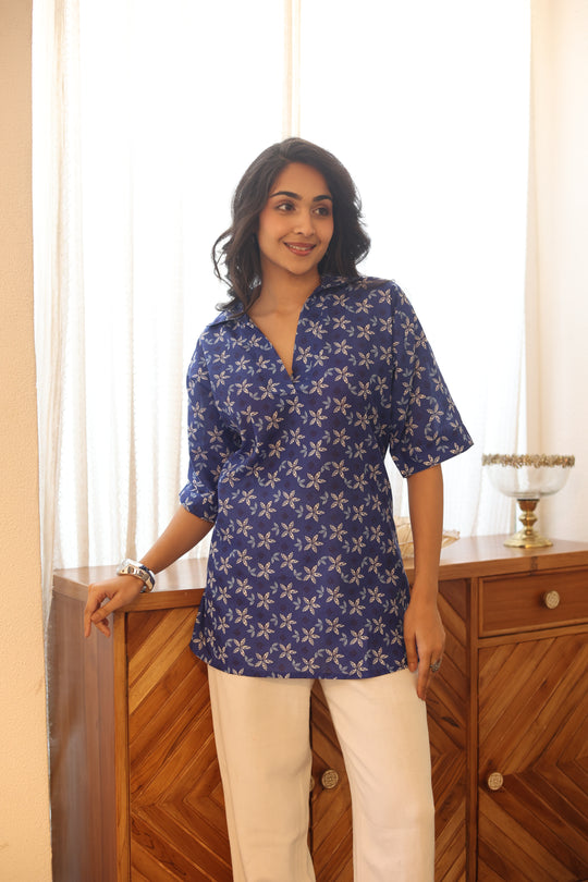 Blue Floral Print Cotton Shirt Collar Top for Women