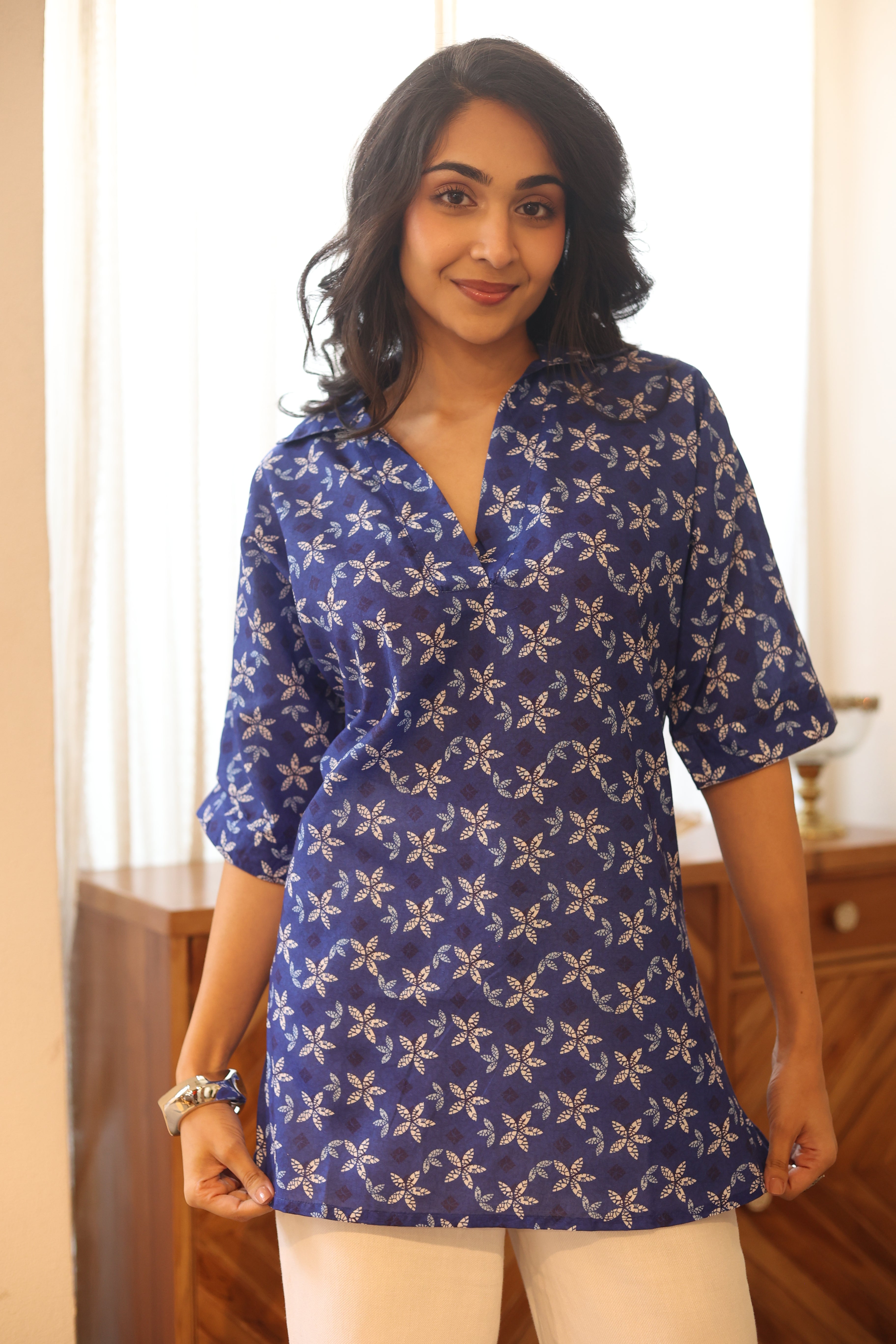 Blue Floral Print Cotton Shirt Collar Top for Women
