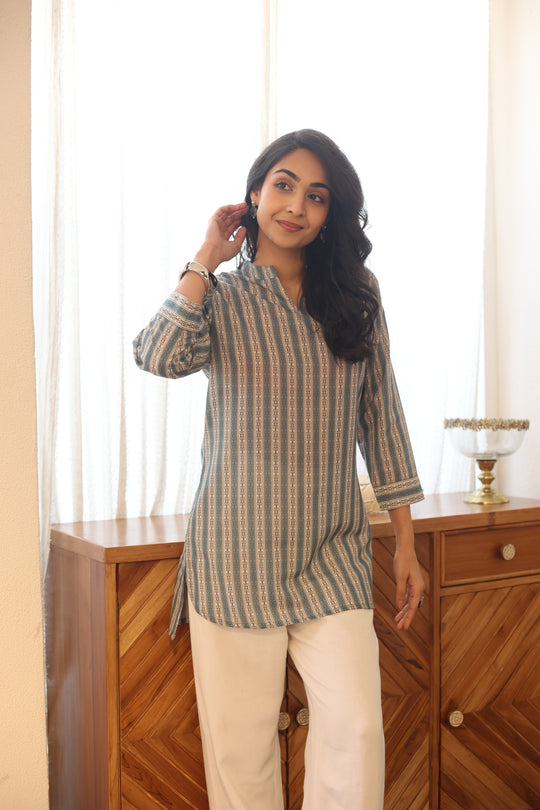 Sea Green Printed Cotton Round Neck Top for Women