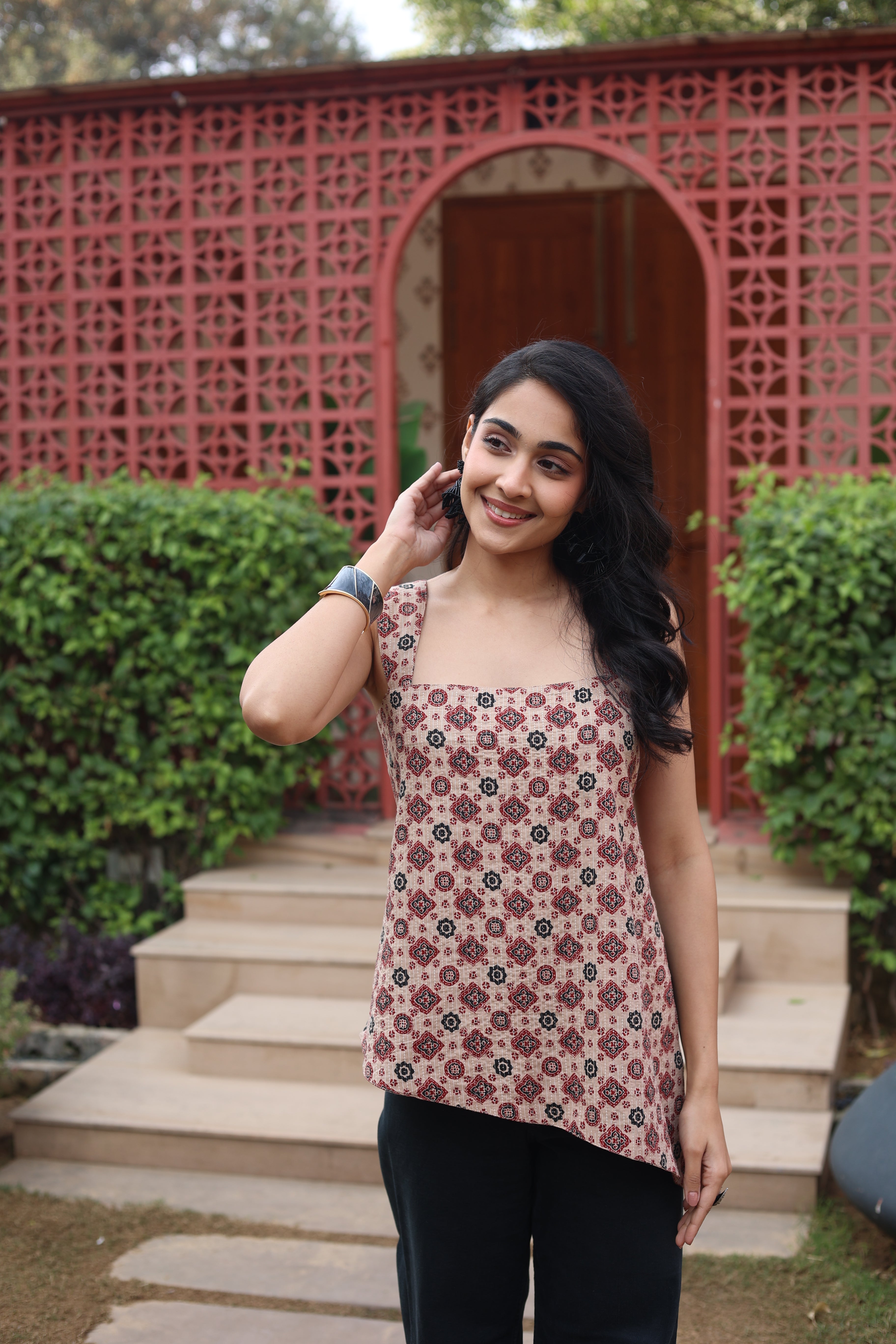 Brown Geometric Print Cotton Square Neck Top for Women