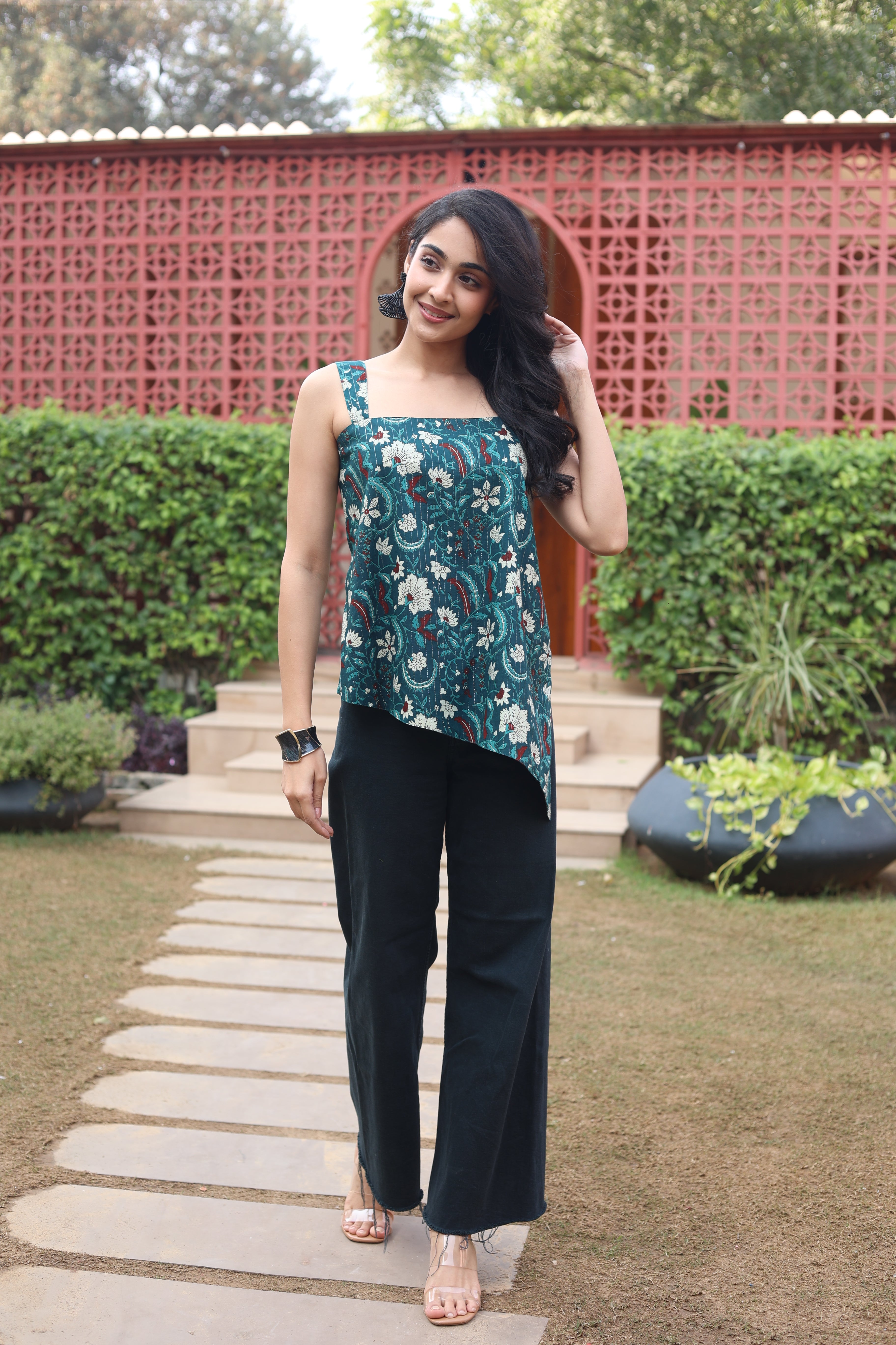 Green Floral Cotton Square Neck Top for Women