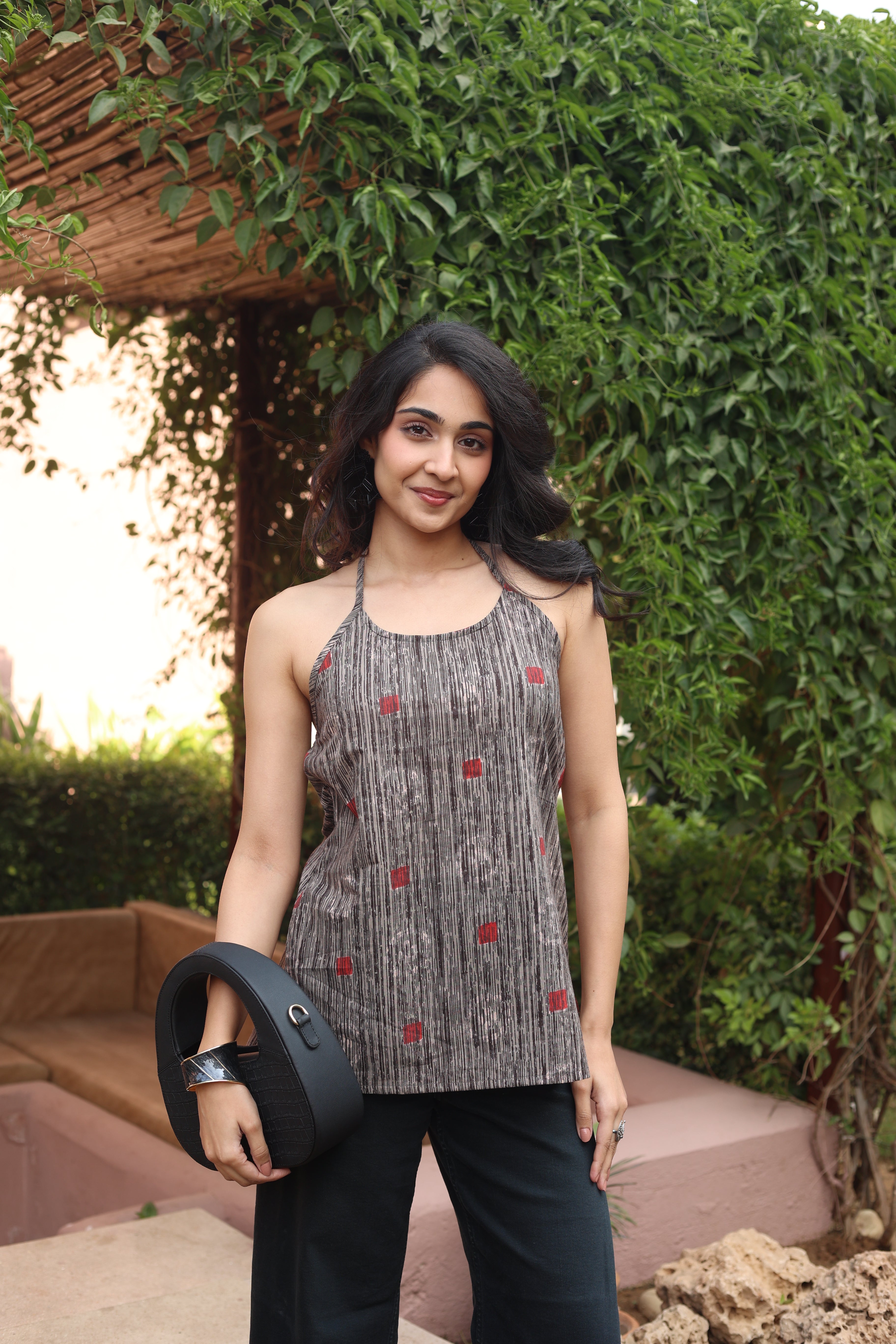 Red Geometric Print Cotton Round Neck Top for Women