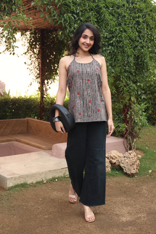 Red Geometric Print Cotton Round Neck Top for Women