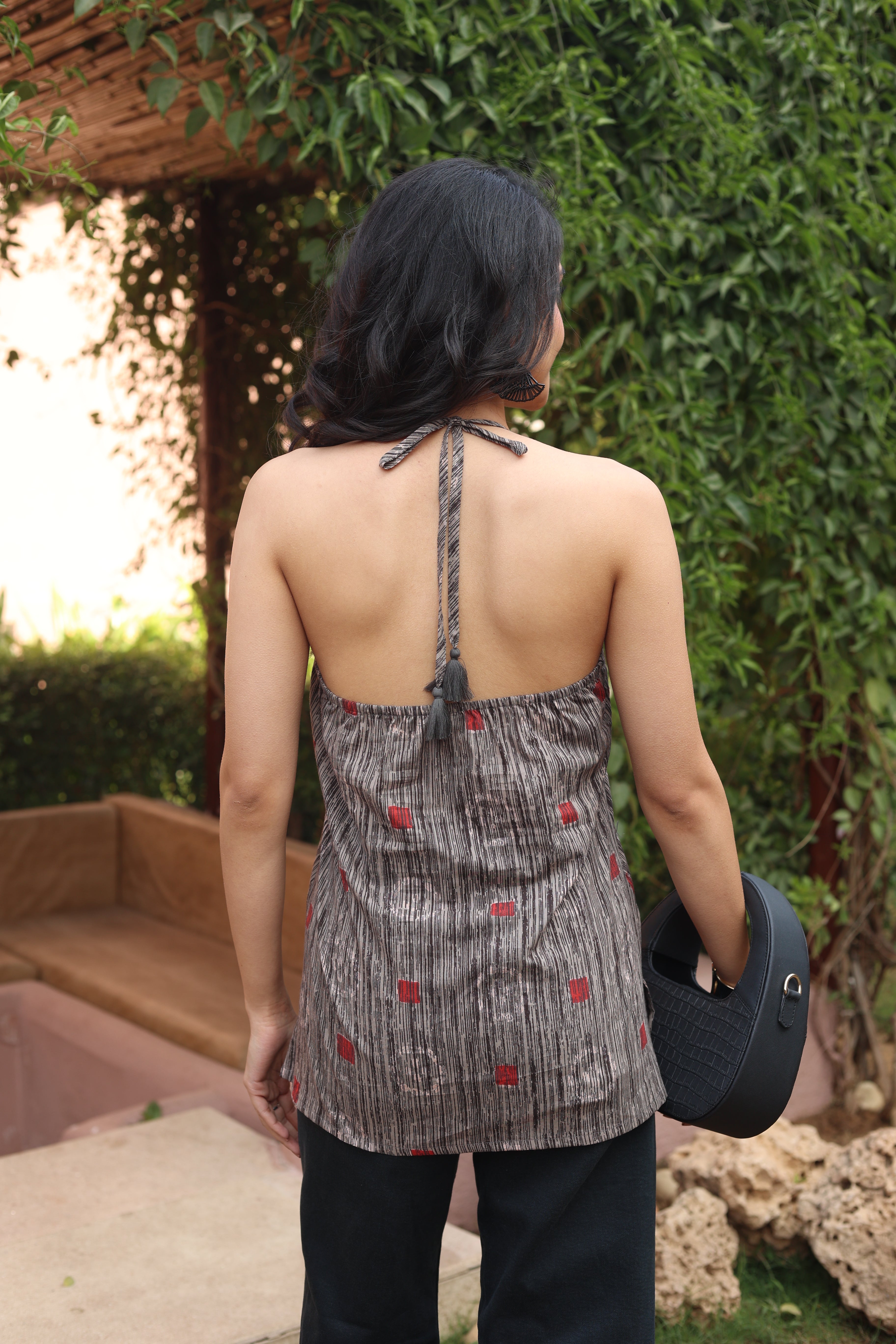 Red Geometric Print Cotton Round Neck Top for Women