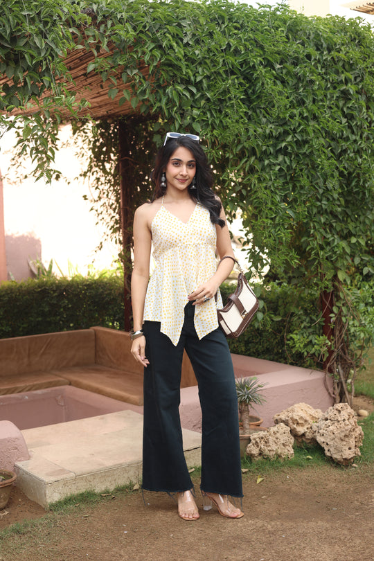 White Printed Cotton V-Neck Top for Women